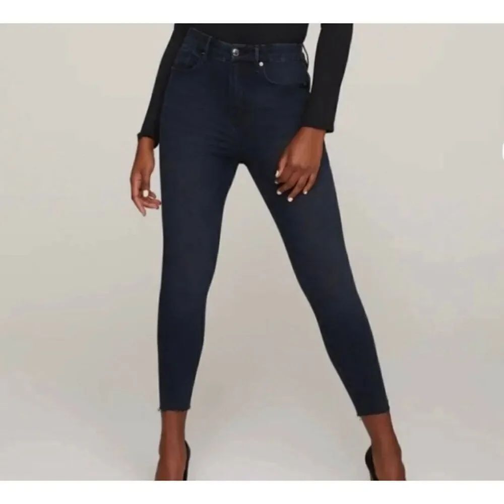Good American Good Waist Crop Jeans Raw Edge Hem Skinny Dark Blue sz 15